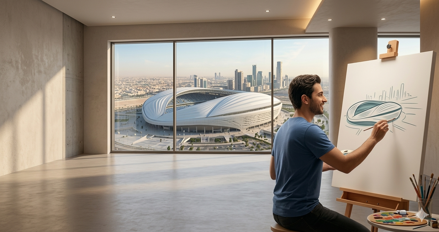 فنان يرسم داخل استوديو مطل على معالم الرياض