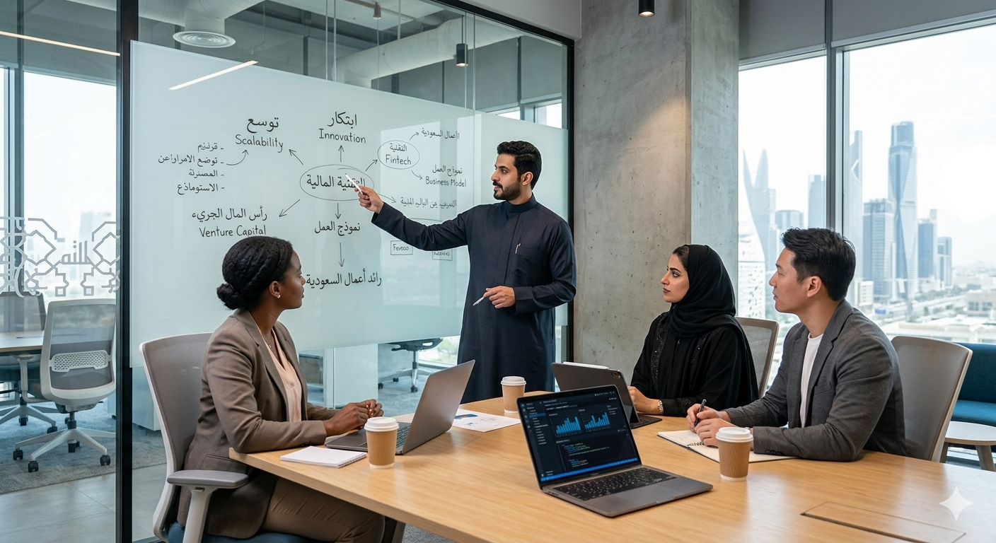 رواد أعمال يناقشون نموذج شركة ناشئة في مكتب سعودي